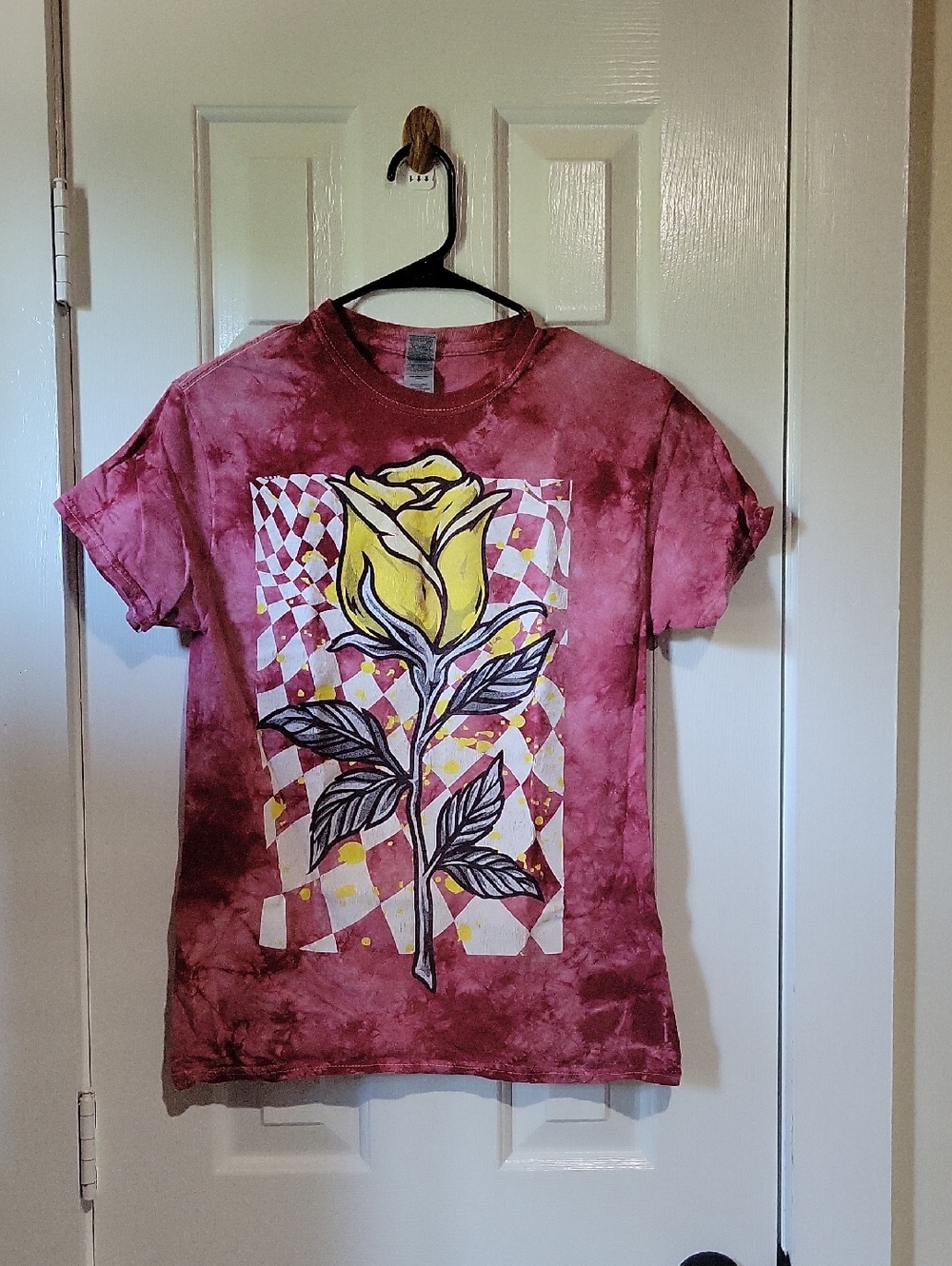 Gildan Red Tie-Dye Tee with Yellow Rose Graphic